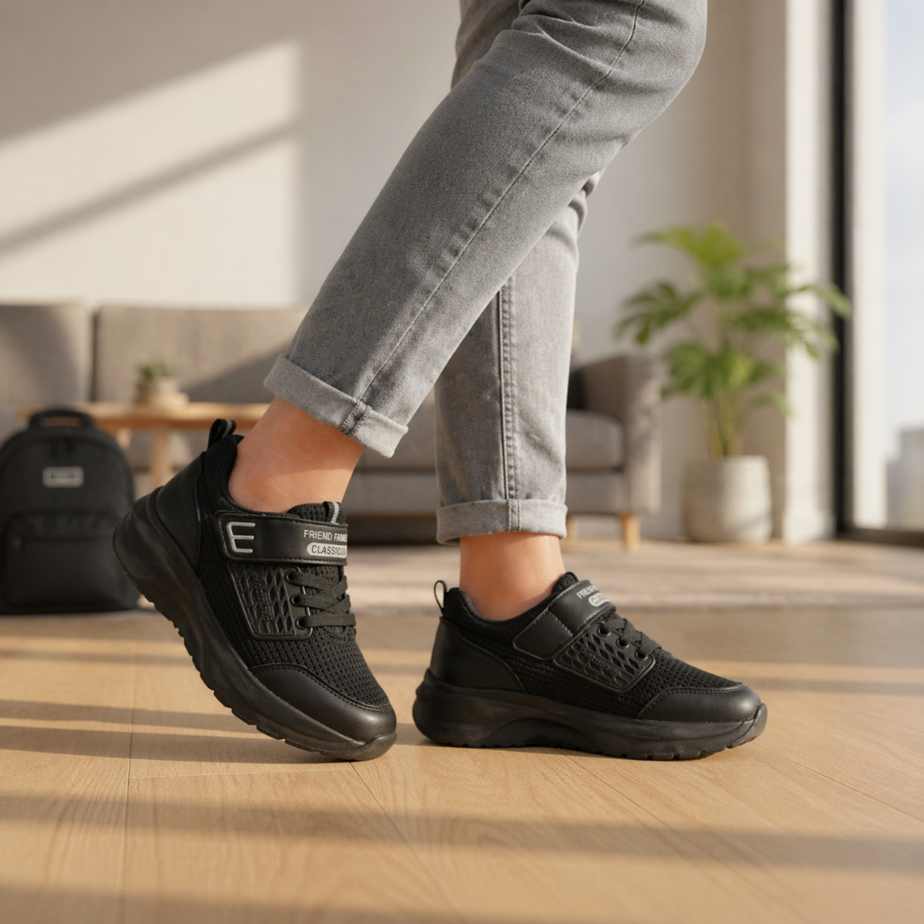 WIBI SP52-01 Sepatu Anak Laki laki Wanita Hitam Sporty Perekat Mesh Sol Tebal Desain Kasual Modern - Gambar 2