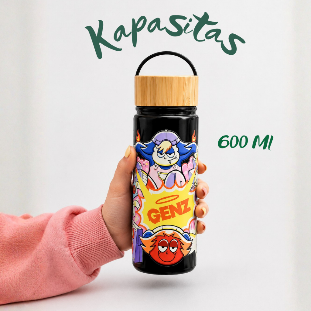 Tumbler Genz Urban Stainless Steel Tutup Bambu dengan Handle 600ml Tahan Dingin Tahan Panas foto 3