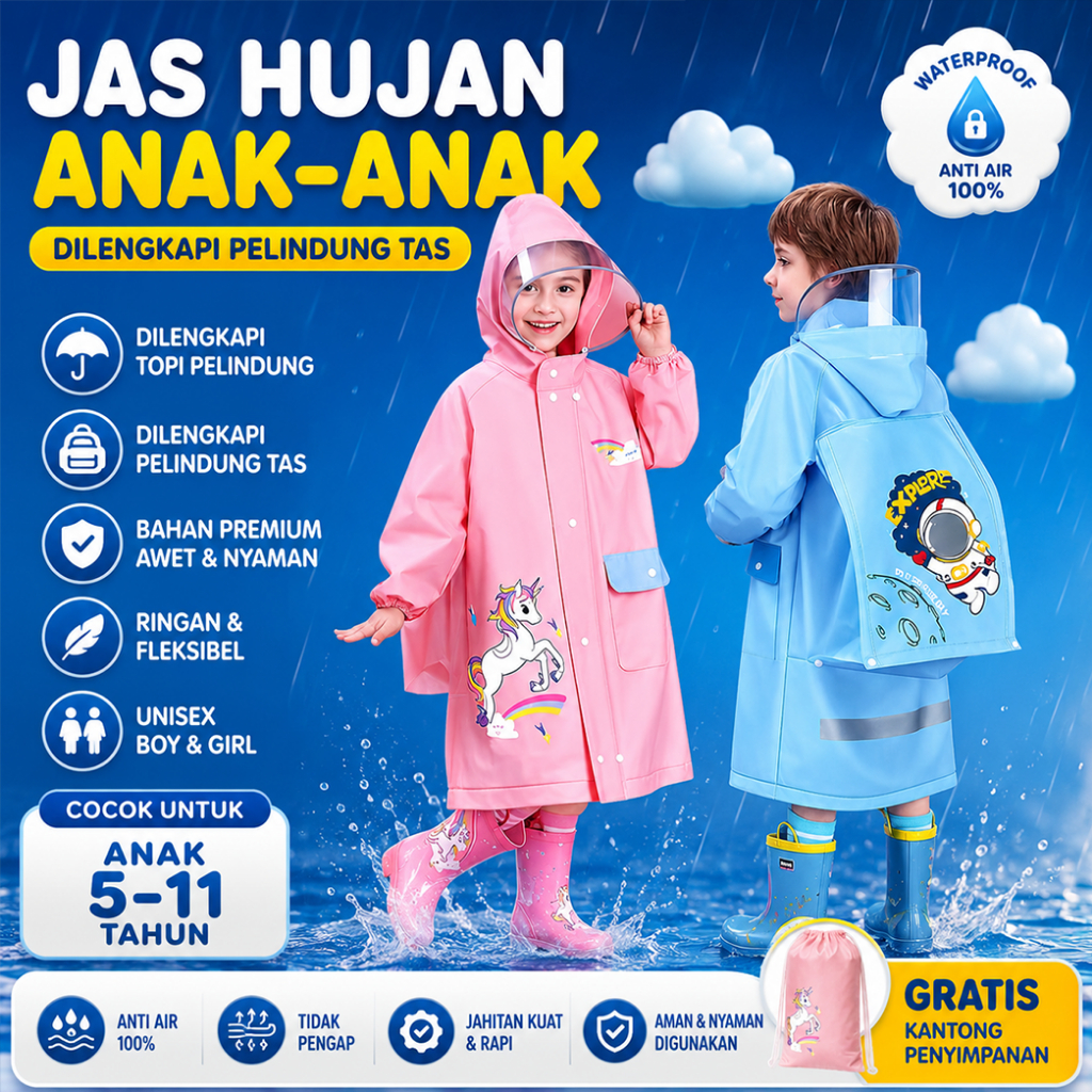 Jas Hujan Anak Motif Lucu Bahan PVC Anti Air dengan Topi dan Tas Pelindung, Ringan Nyaman untuk Sekolah dan Aktivitas Musim Hujan