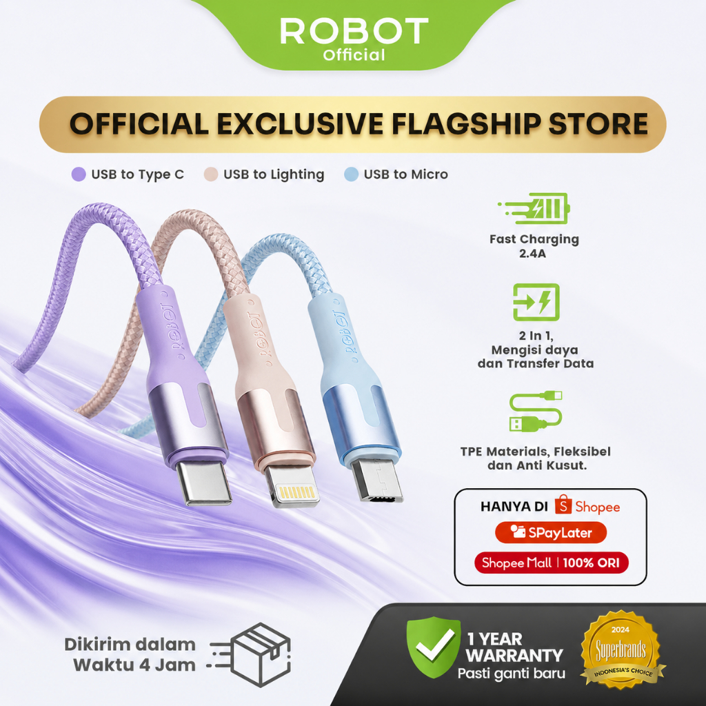 ROBOT Kabel Data 1M Original Fast Charging 2.4A Type-C Micro Lightning – Kabel Charger dan Transfer Data Cepat Tahan Lama Anti Kusut Desain Anyaman Kuat Aluminium Head – Garansi Resmi 1 Tahun