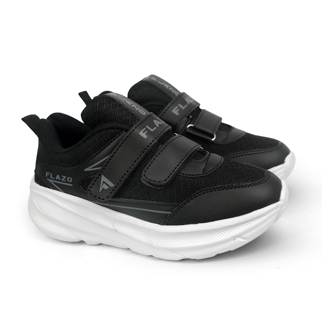 Flazo Sepatu Sekolah Anak Laki - Laki Dan Prempuan Perekat Ringan Anti Slip Black White - Gambar 4