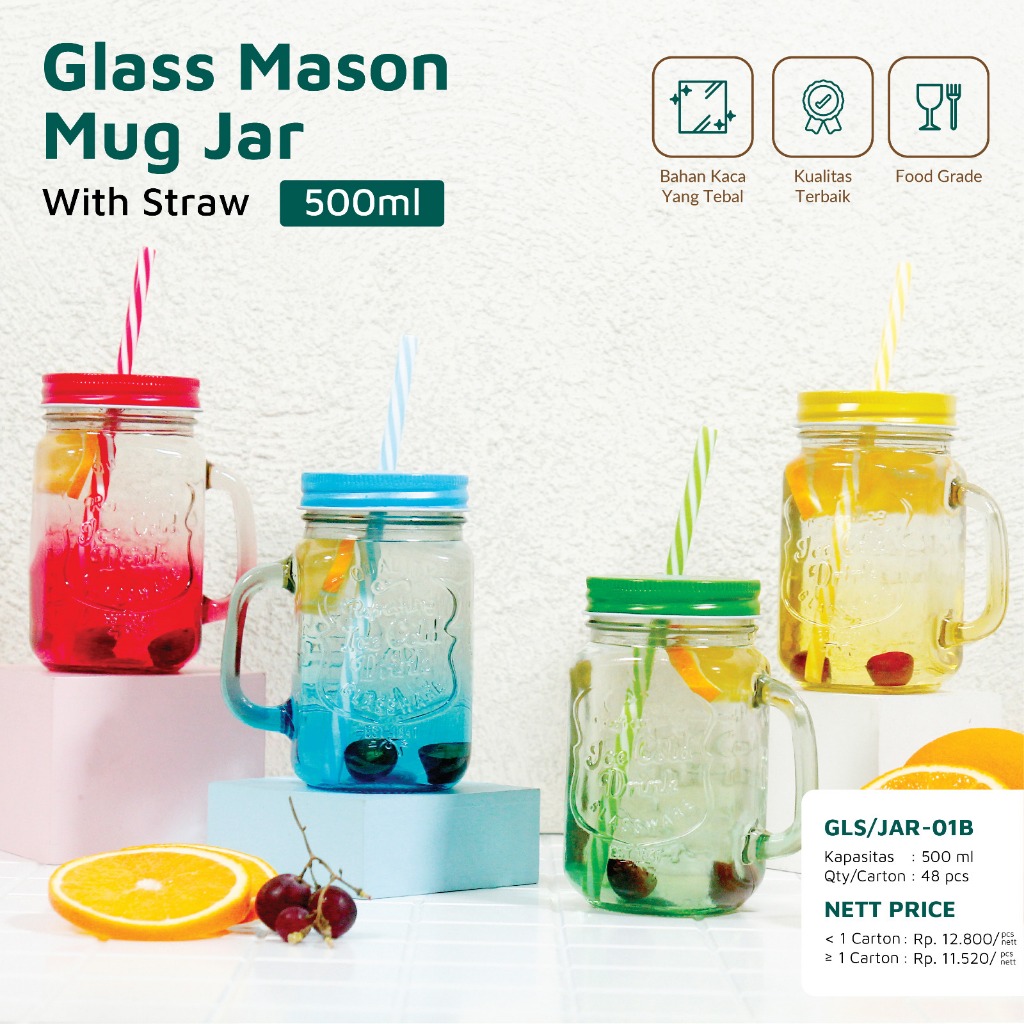 Gelas Minum Kaca Mug Mason Jar 450 ml With Straw - 1 Karton (48 pcs) - Gambar 2