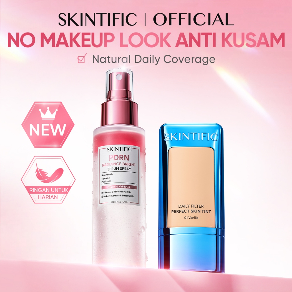 NEW LAUNCH / SKINTIFIC - 2IN1 Fast Make-up Set / Glowing Tone-up Natural Glow 2PCS PDRN Radiance Bright Serum Spray 100ml & Blurring Skin Tint Perfect Coverage Flawless BB CC Cream Tinted Foundation Instant Glass Skin Skincare Bundle