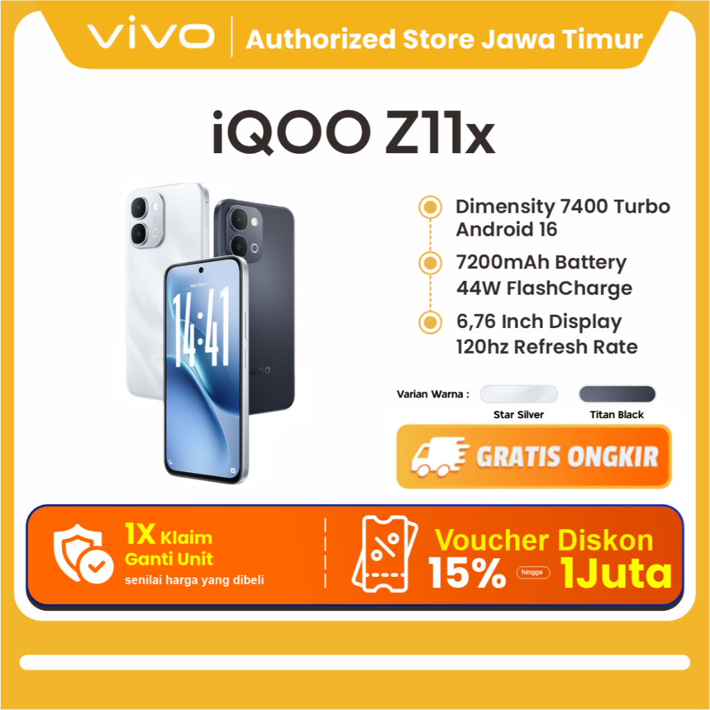 iQOO Z11x, Dimensity 7400-Turbo, 7200mAh Big Battery, 44W FlashCharge, OriginOS 6, vivo AI, 120Hz Display, IP68&IP69+