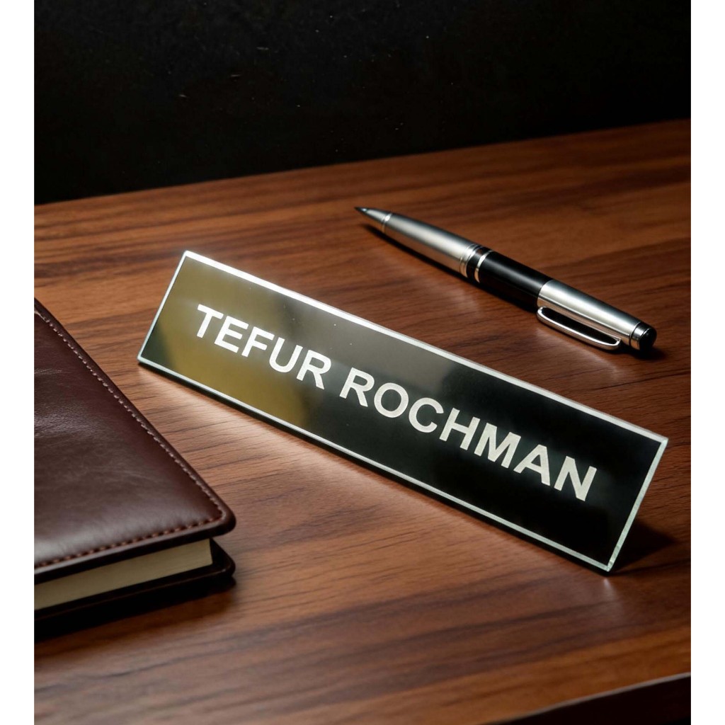 Nametag grafir papan nama ukir akrilik hitam laser