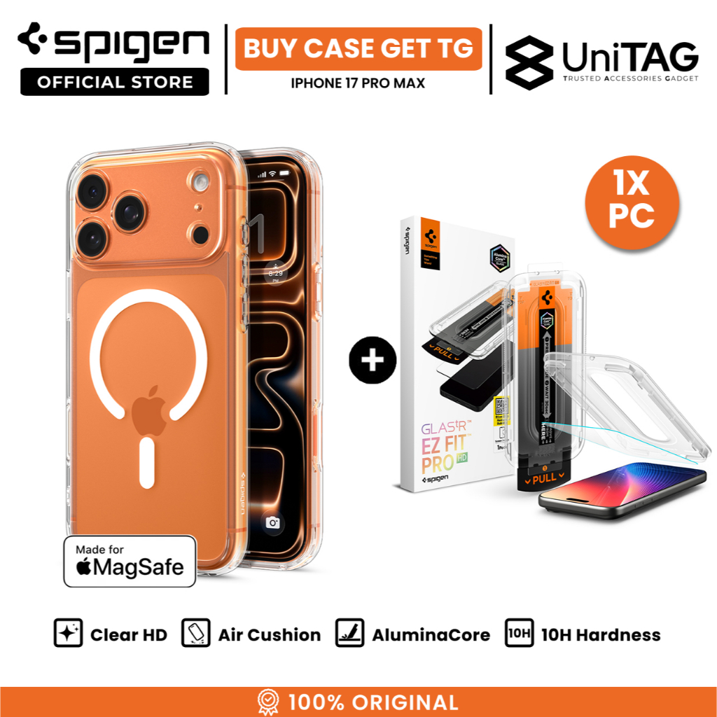 SPIGEN Special Bundling for iPhone 17 Pro Max Case Ultra Hybrid Magfit Clear White + Tempered Glass with Tray 1 Pack Glas.tR EZ Fit Pro HD Transparency