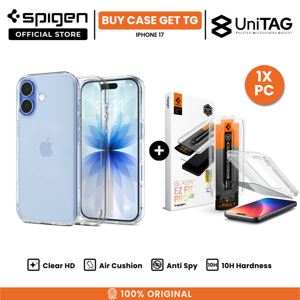SPIGEN Special Bundling for iPhone 17 Case Ultra Hybrid Crystal Clear + Tempered Glass with Tray 1 Pack Glas.tR EZ Fit Pro HD Privacy