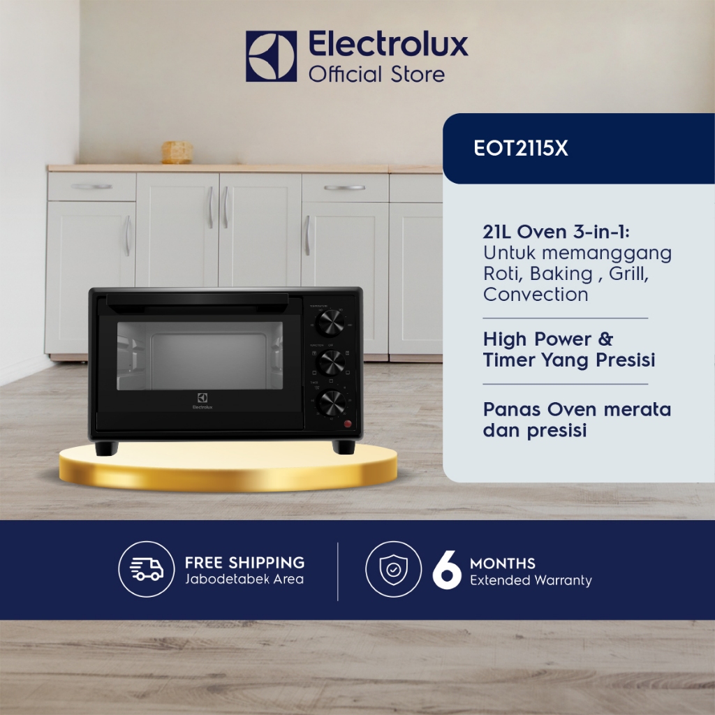 Electrolux FreeStanding Oven 21 L Oven 3-in-1: Untuk memanggang Roti, Baking , Grill, Convection High Power  & Timer Yang Presisi Panas Oven merata dan presisi Api Atas Bawah Free Removable crumb tray, Grill rack, Baking tray, Tray lifter EOT2115X