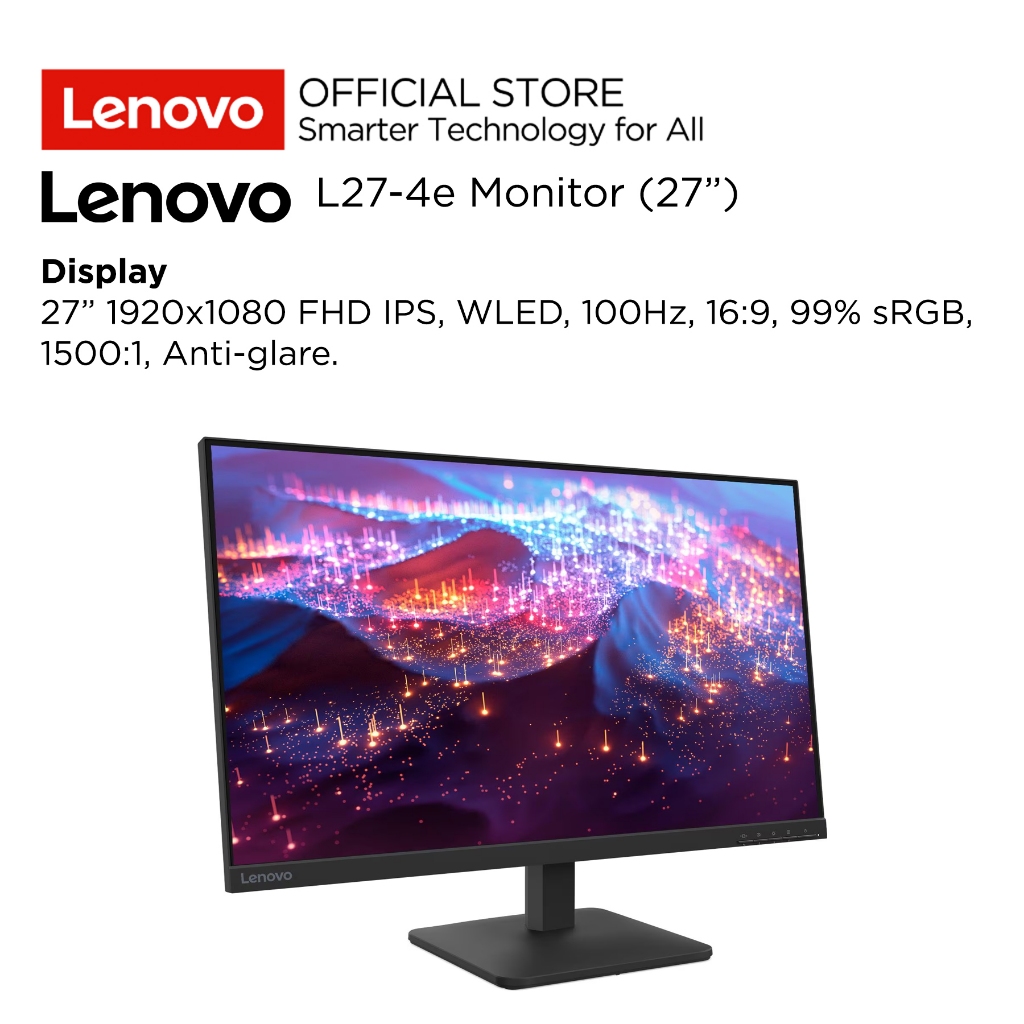 Lenovo Monitor L27-4e C1WW 27" FHD IPS 3-side NearEdgeless WLED 100Hz 99% sRGB Antiglare Stand Tilt VESA Mount HDMI VGA Monitor 27inch 68CDKAC1WW Raven Black Garansi Resmi Lenovo Indonesia 3 Tahun - Gambar 2