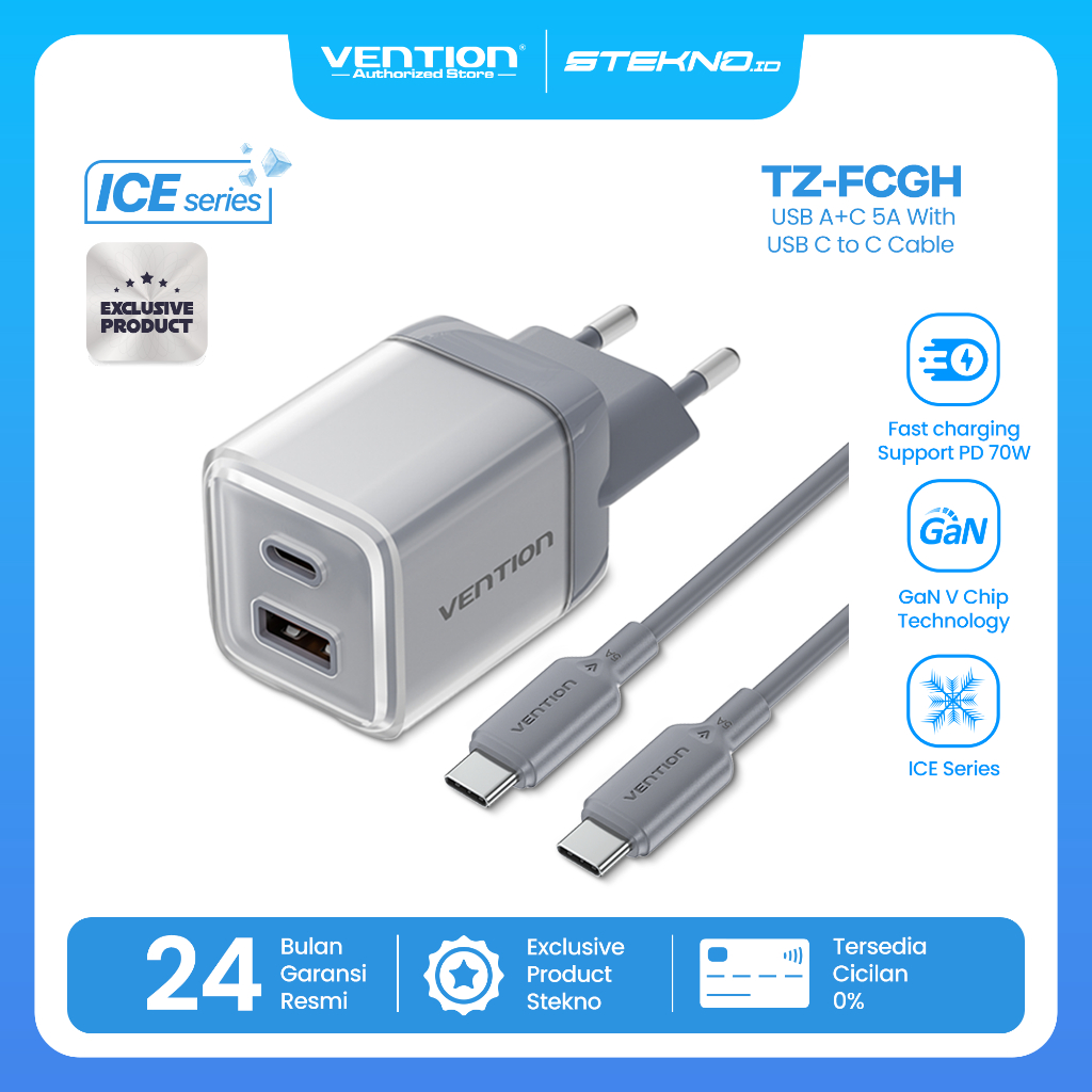 Vention ICE Series GaN Charger 30W 45W 70W + Kabel USB-C PD QC Fast Charging Adaptor iPhone Samsung MacBook