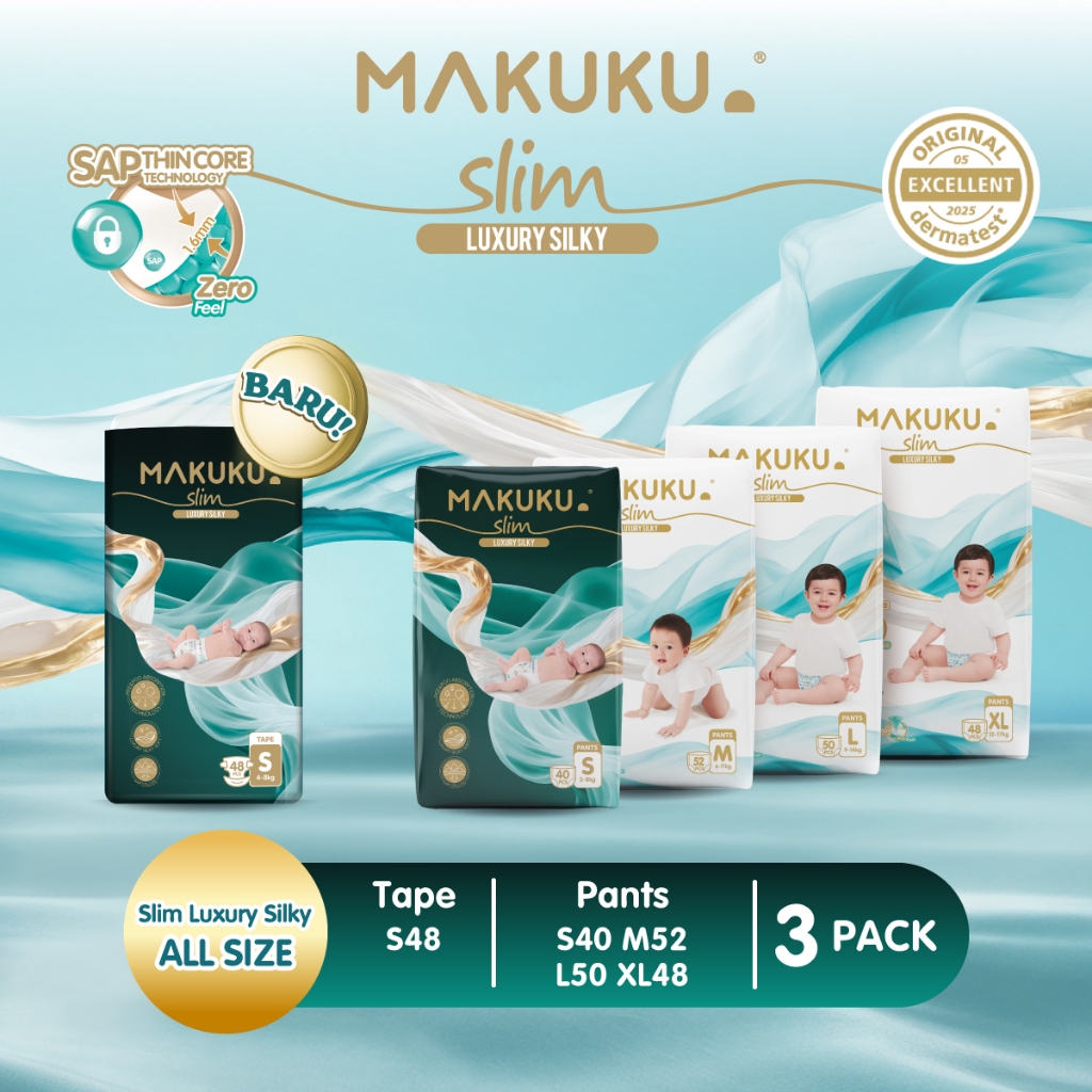 [3 PACK] Makuku DIapers Slim Luxury Silky Celana / Pants Perekat / Tape Jumbo S48 / S40 / M52 / L50 /XL48 Popok Bayi