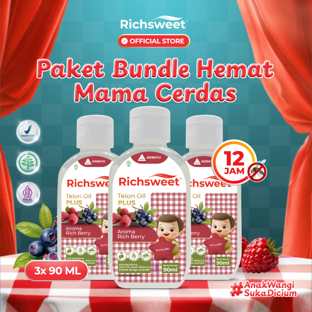 Richsweet Minyak Telon Plus Aroma Rich Bery 90ml [3 BOTOL] / Perlindungan sampai 12 Jam Anti Nyamuk + Ekstrak Daun Bidara