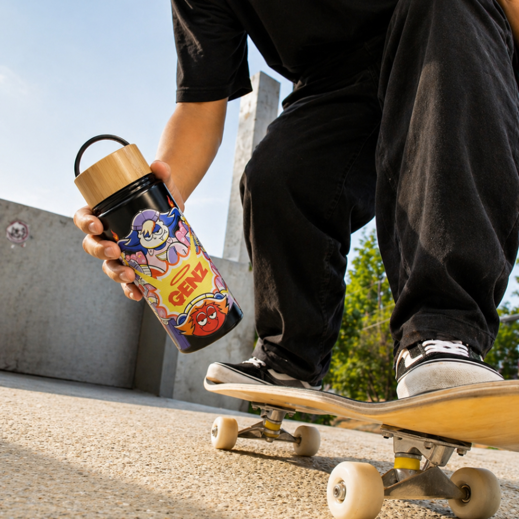 Tumbler Genz Urban Stainless Steel Tutup Bambu dengan Handle 600ml Tahan Dingin Tahan Panas foto 4