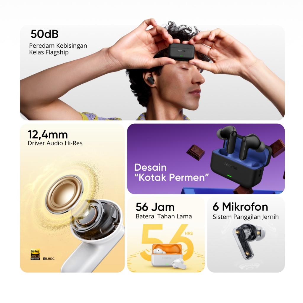 realme Buds T500 Pro (50dB Flagship Noise Cancellation | Candy Box Design | 12.4mm Hi-Res audio drivers | 56 Long lasting battery) - Gambar 3