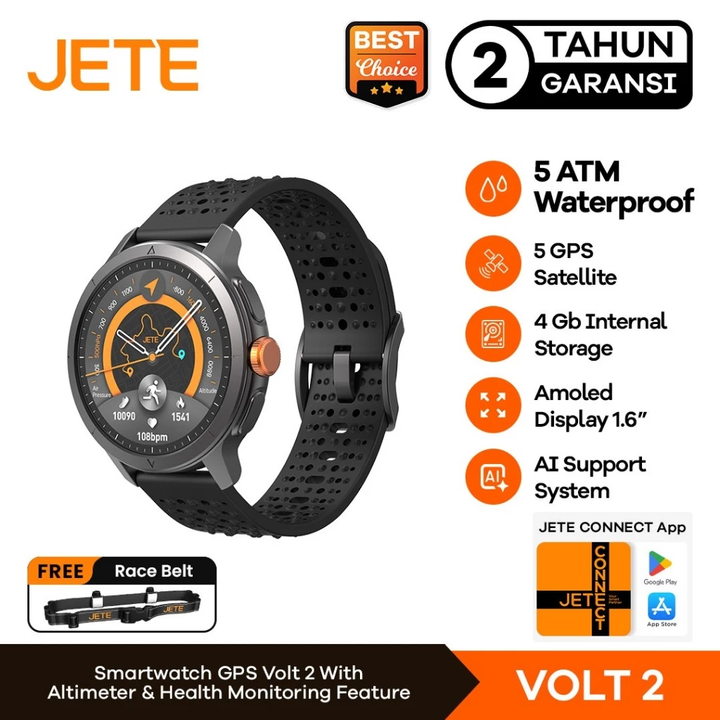 Smartwatch JETE VOLT 2 AMOLED 1.6 Inch Screen Display Jam Tangan AI Running 5 ATM Waterproof Watch 4GB Smart Watch With GPS Sport Mode Heart Rate Jam Tangan Pria Wanita (RTL)