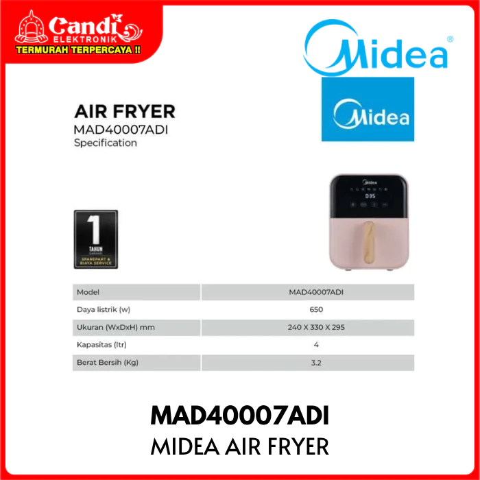MIDEA Digital Touch Air Fryer 4 Liter Low Watt Pink MAD40007ADI - Gambar 3