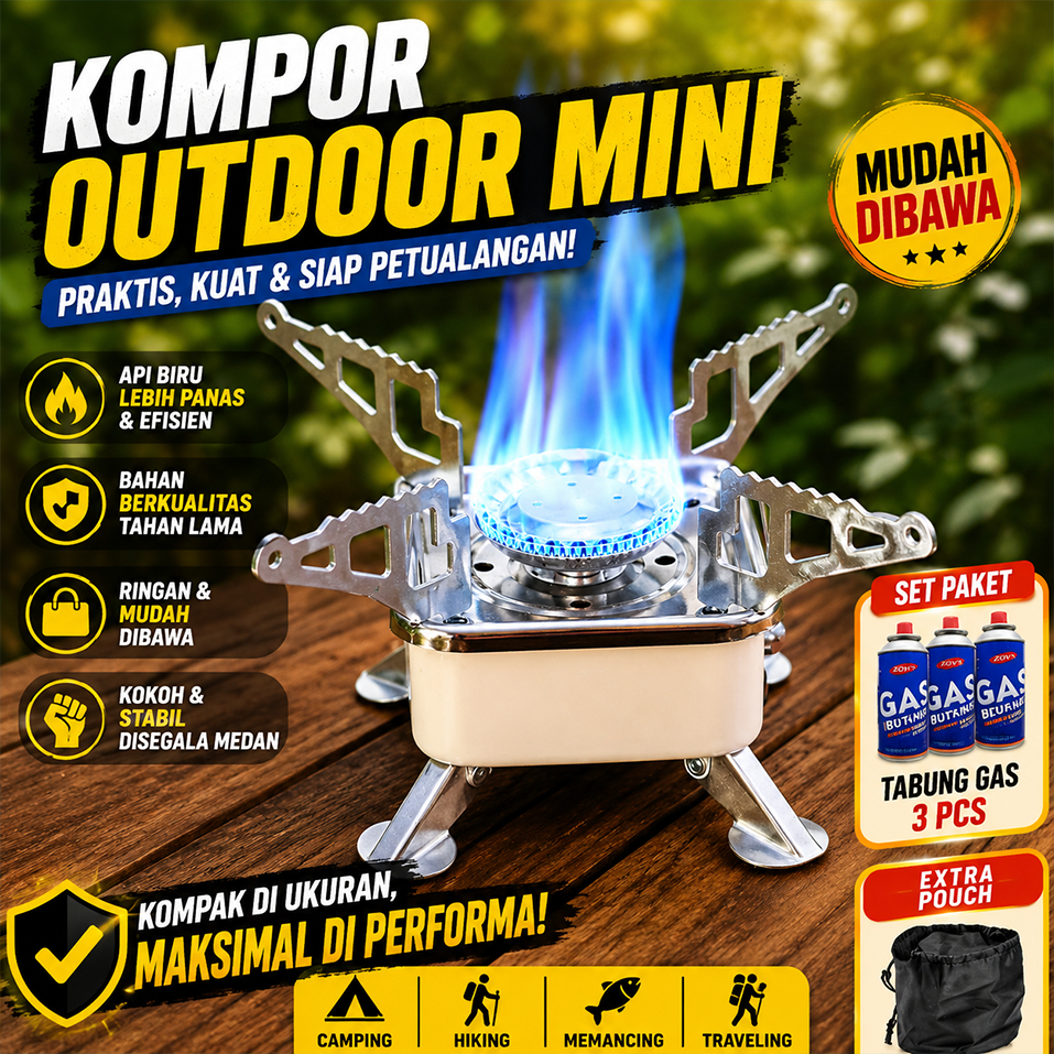 Kompor Camping Lipat Kovar Mini 003-5 Portable Outdoor Stove Selang Api Biru 2800W Anti Lengket Hemat Tabung Untuk Camping Hiking & Piknik