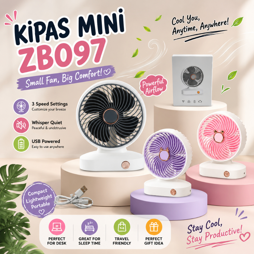Kipas angin mini genggam ZB097 /Kipas meja isi ulang USB / Kipas portable// Kipas yang dapat disesuaikan arahnya/mini fan