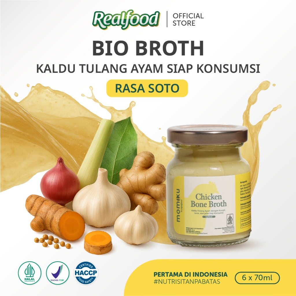 Realfood Chicken Bone Broth Rasa Soto / Kaldu Tulang Ayam Siap Konsumsi / Bone Broth untuk Dewasa dan Lansia / Collagen / Glutamic Acid / Sendi / Tulang / Daya Ingat / Gut Barrier / Unsalted / Rendah Garam / Low Sodium