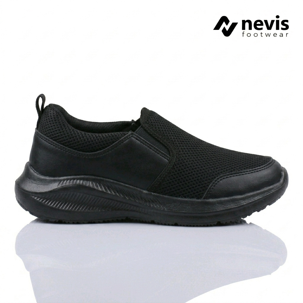 NEVIS Sepatu Slip On Pria Jumbo Big Size 39-49 NVS 87 Sekolah Kerja Casual Sneakers Full Black Hitam Polos Franco