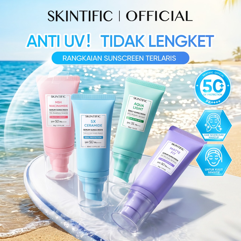 SKINTIFIC Sunscreen SPF50+ PA++++ UV Shield / Oil Control Matte Fit Bright Fit 5X Ceramide Light Serum Brightening / Sunblock Wajah Cepat Menyerap Anti Kusam