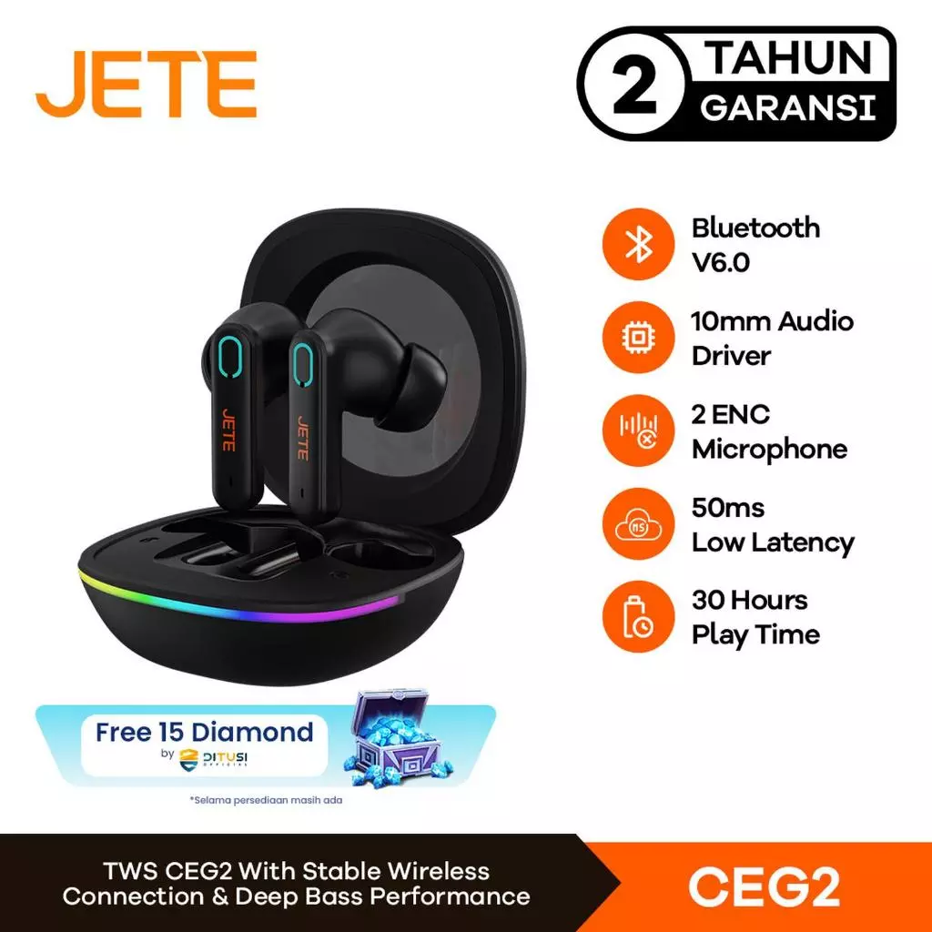 TWS GAMING JETE CEG2 Low Latency 50ms Wireless Bluetooth v6.0 with 2 ENC Mic Dual mode music game earphone