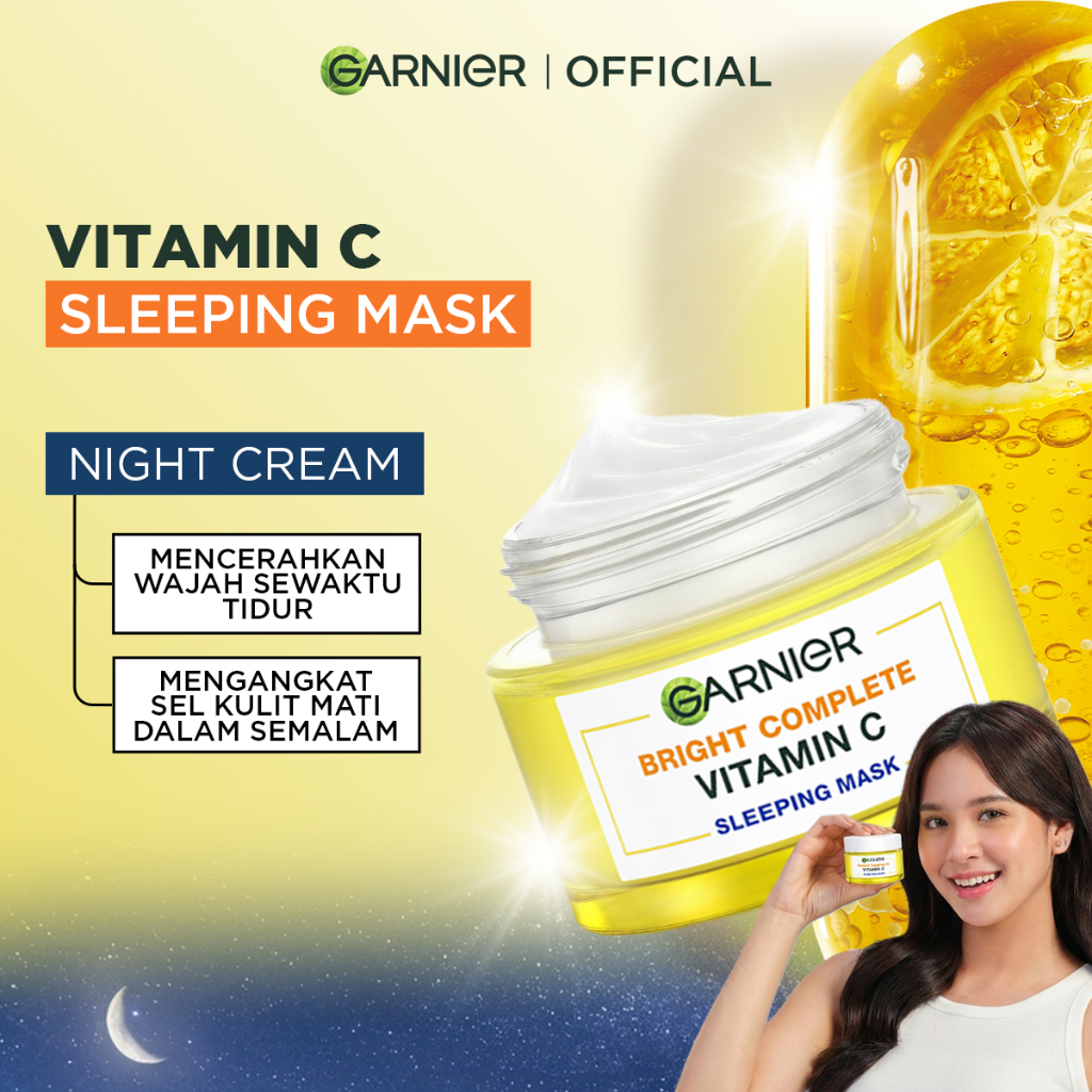 GARNIER Bright Complete Vitamin C Night Cream Brightening Sleeping Mask Krim Malam Mencerahkan 50 ml Moisturizer Tone Up Glowing Skincare - Pelembab Wajah Pemutih Wajah Toner Cream Pemutih Wajah Glowing Cepat