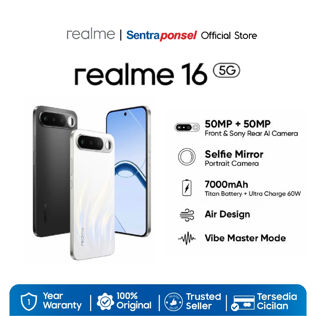 Realme 16 5G 8GB/256GB 12GB/256GB Air design 50MP Front & Sony Rear AI Cameras Selfie Mirror