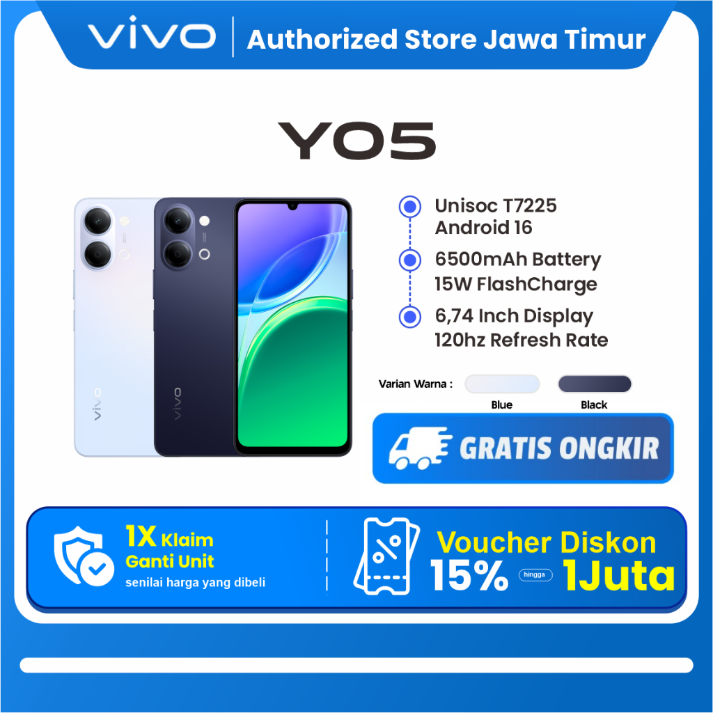 vivo Y05 - Desain Premium, 6500mAh Tahan 3 Hari, IP65 Tahan Hujan, Tahan Banting Ekstrem, Origin OS Performa Lancar, Layar Ultra Tenang 1200nits