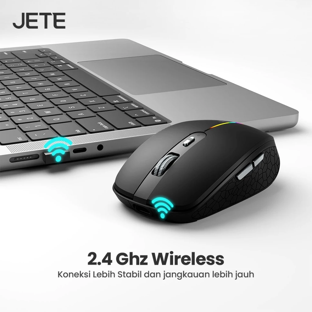 Mouse Wireless Bluetooth JETE MS301 Rechargeable with Dongle USB 3200DPi Compatible All Surface with LED Light (RTL) - Gambar 2