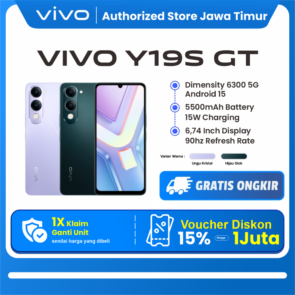 vivo Y19s GT 5G [BISA INSTAN PENGIRIMAN] - Dimensity 6300 5G, 5500mAh Tahan Lama, NFC Multifunctions, Tahan Banting & Hujan, 50MP Kamera Utama, AI Erase