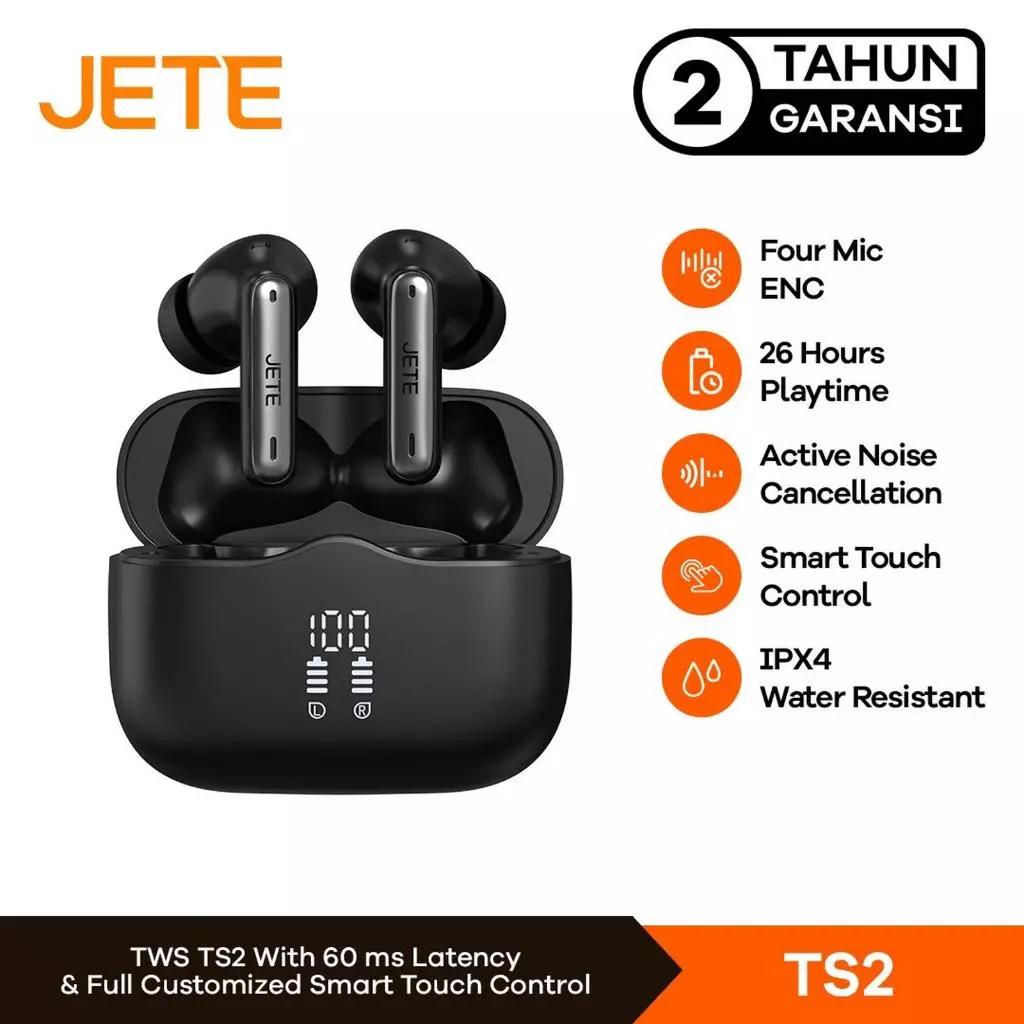 TWS JETE TS2 Headset Bluetooth V5.4 ANC Noise Cancelling IPX4 Super Bass Wireless Earphone Gaming mode ENC 4 Mic Type C charging (RTL)