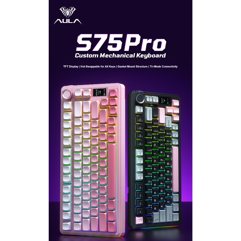 AULA S75 / S-75 PRO Mechanical Gaming Keyboard 3-Mode Connection Gasket With TFT Screen Rotary Knob - Gambar 3