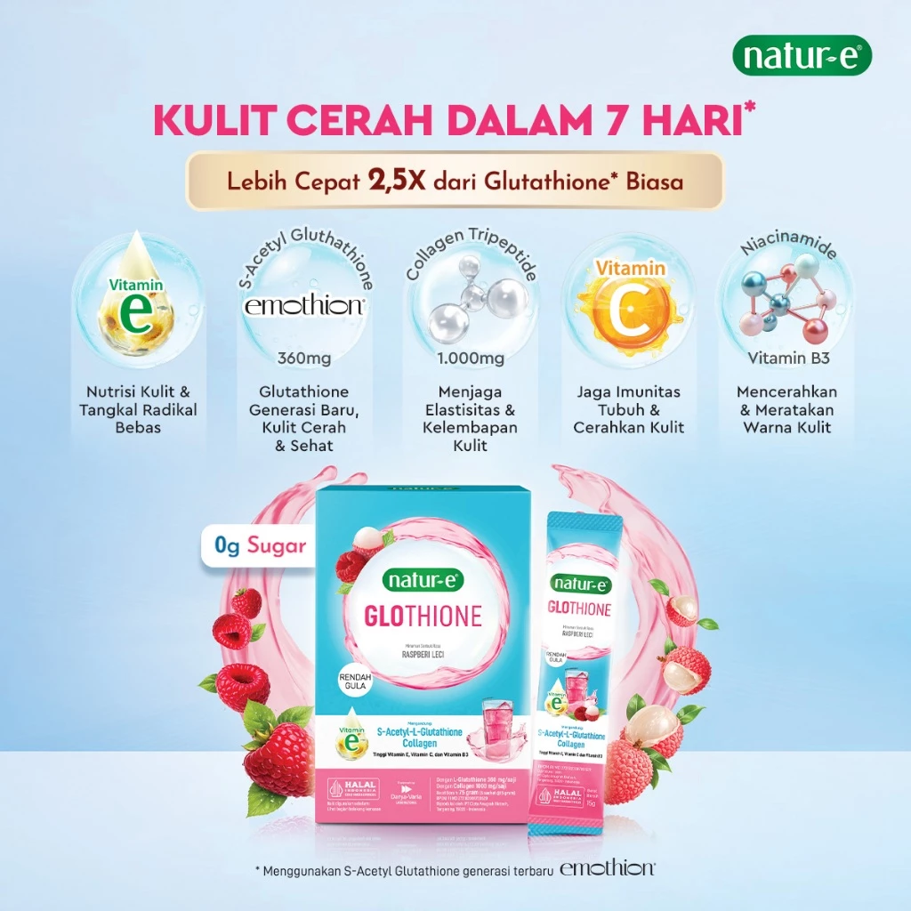 (NEW) Natur-E GLOTHIONE Glutathione Next-Gen Brightening Berry Collagen Drink 1 Box - Minuman Serbuk Collagen untuk kulit cerah dan bercahaya, Mengandung Glutathione, Vit. E, Vit. C, Vit. B3 - Gambar 2