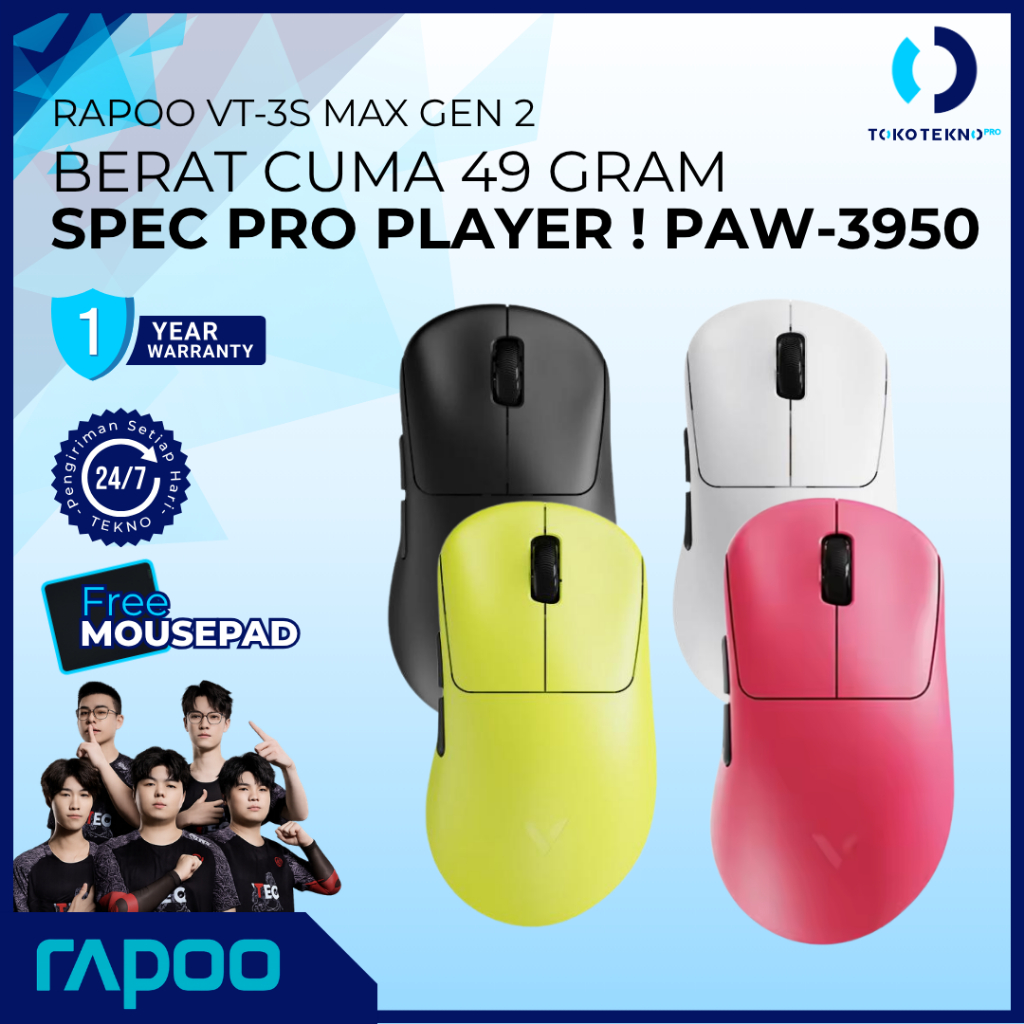 Rapoo VT3S/VT-3S/VT3 S MAX Gen-2 Mouse Wireless Gaming Lightweight 49g 8K Polling Rate PAW3950