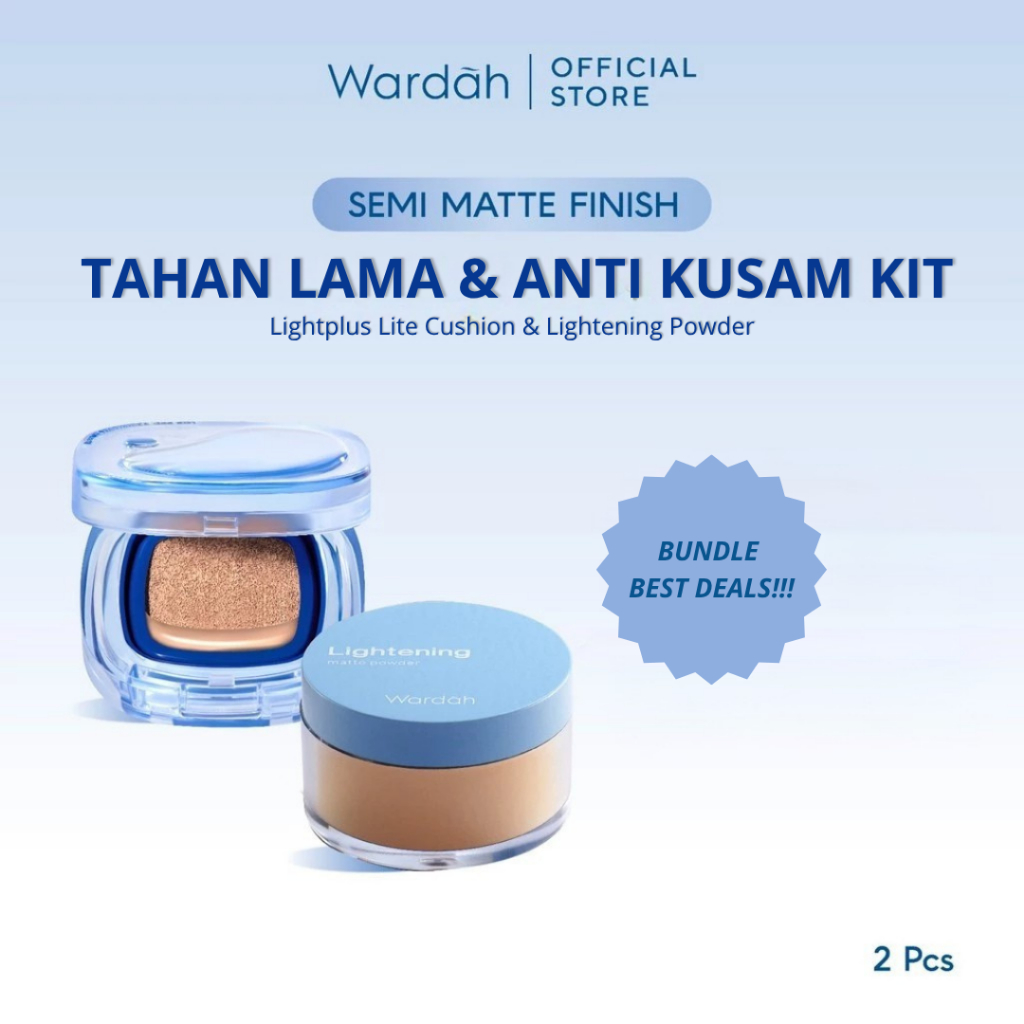 Wardah Lightplus Paket Make Up Flawless Bebas Kilap - Tahan Lama, Anti Kusam, Fresh Look, Fresh Healthy Skin, Satin Finish, Smooth Matte, Meningkatkan Tampilan Soft pada Wajah, Lightening - Lite Skin Filter Cushion 11 g, Lightening Matte Powder - Makeup