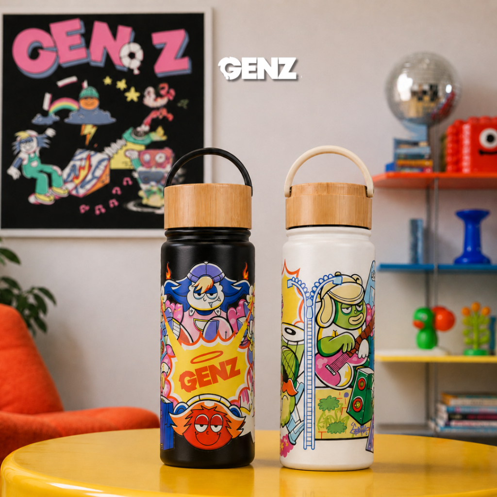 Tumbler Genz Urban Stainless Steel Tutup Bambu dengan Handle 600ml Tahan Dingin Tahan Panas