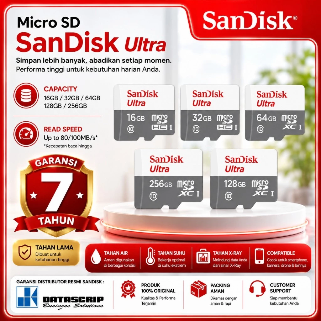 SANDISK Microsd Ultra 16Gb/32Gb/64Gb/128Gb/256Gb Class 10 Speed 100Mbps