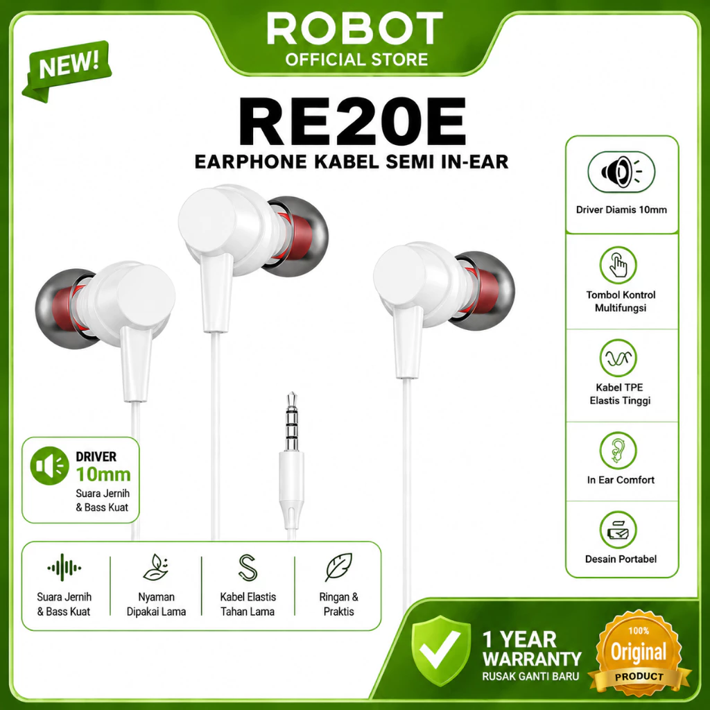 ROBOT RE20E Headset Wired Earphone Bass Smartphone - Gambar 2