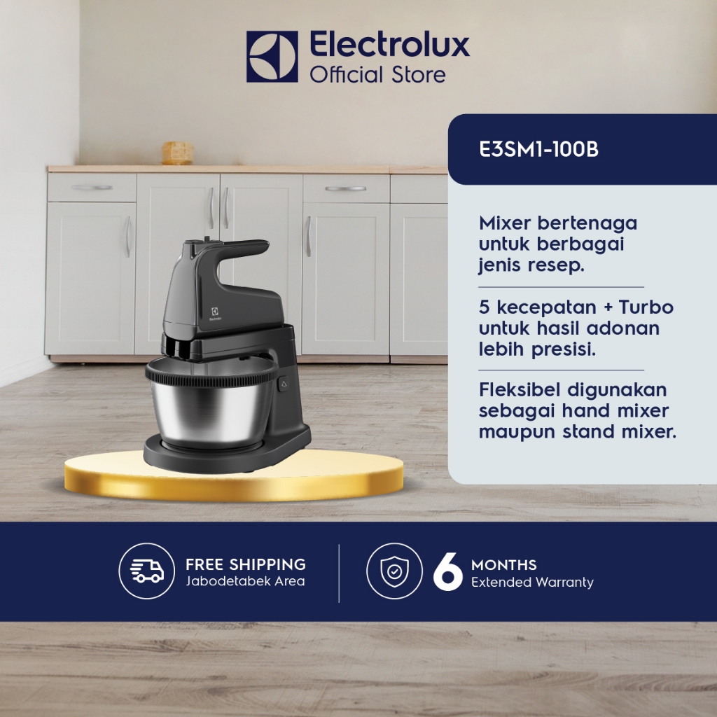 Electrolux Stand Mixer 3.5 liter Fungsi 2 in 1 (duduk dan genggam) 5 kecepatan + mode turbo Mangkuk berputar otomatis Pengaduk adonan E3SM1-100B