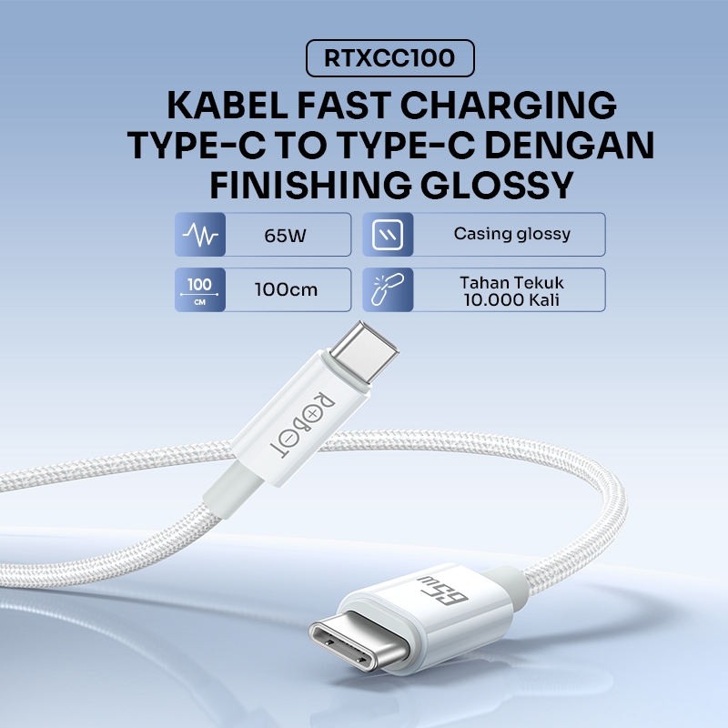 ROBOT Kabel Data 65W Fast Charging PD Type C to C / Lightning / USB A Braided Kabel Charger Quick Charge Laptop iPhone Android-RTX - Gambar 2