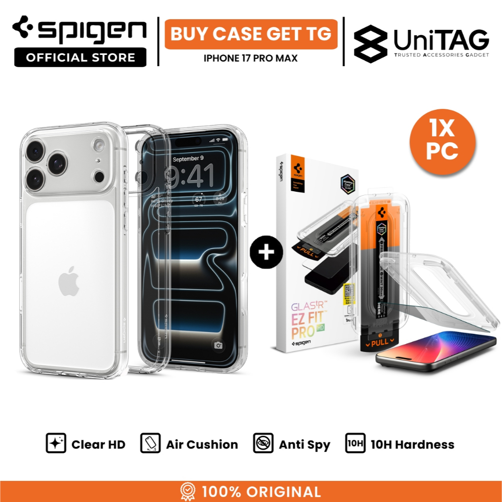 SPIGEN Special Bundling for iPhone 17 Pro Max Case Ultra Hybrid Crystal Clear + Tempered Glass with Tray 1 Pack Glas.tR EZ Fit Pro HD Privacy
