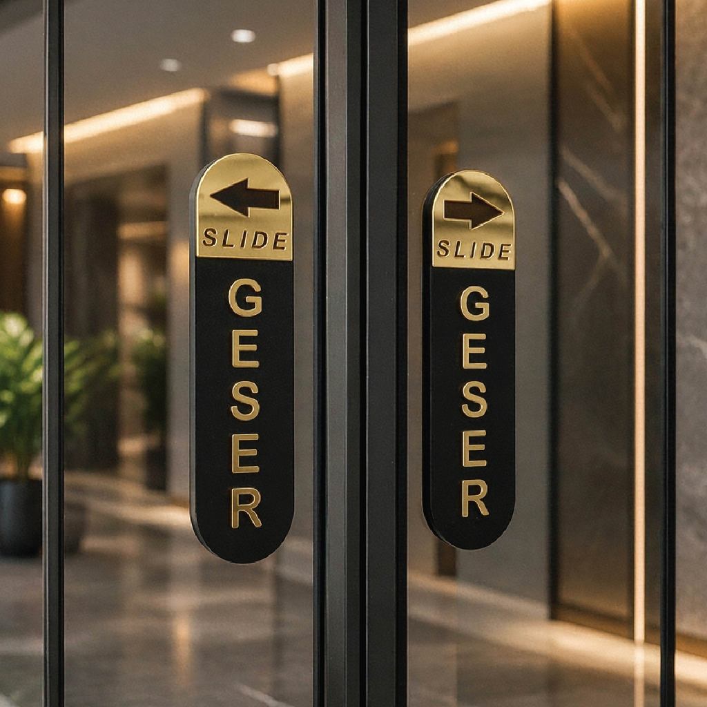 Tanda geser Pintu Papan Penunjuk Akrilik Hitam dan Gold - Gambar 2