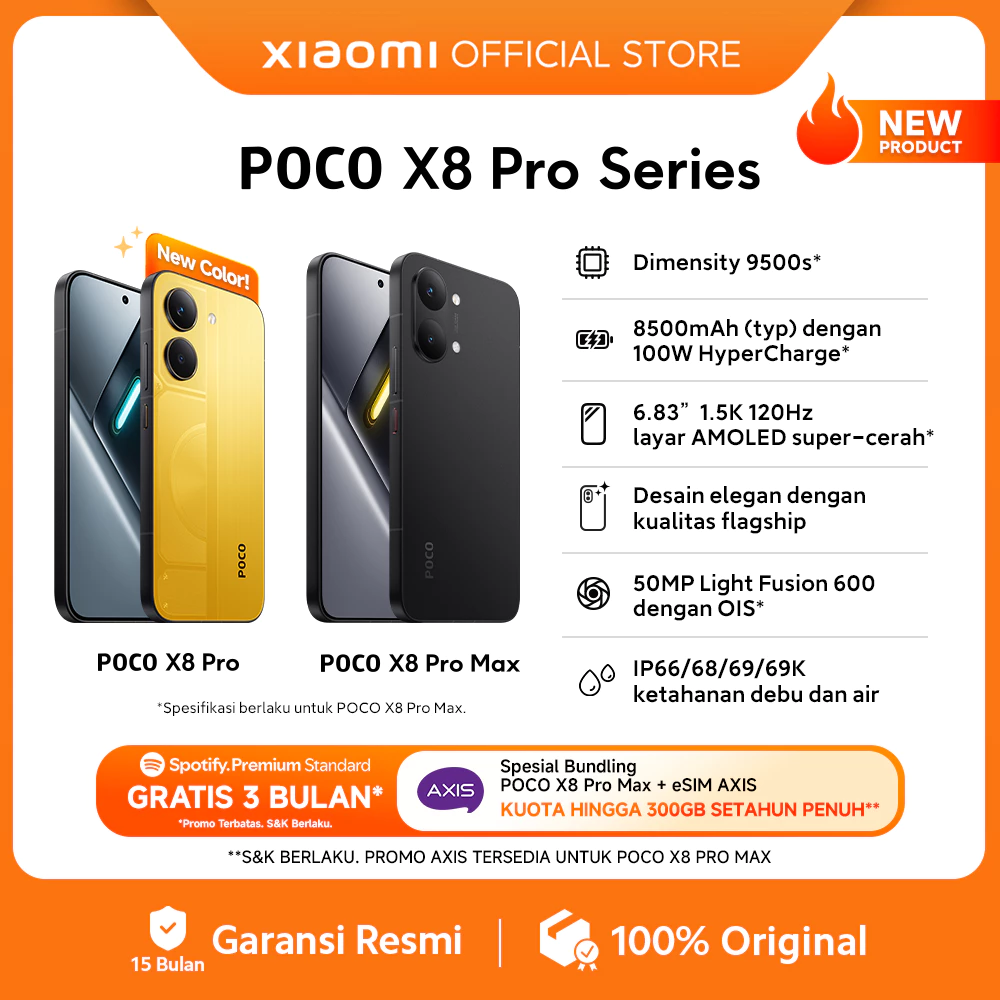 POCO X8 Pro Series / POCO X8 Pro Max (12GB/512GB) (12GB+256GB) / POCO X8 Pro (12GB+512GB) (8GB+512GB) (8GB+256GB) / Dimensity 9500s / 8500mAh (typ) battery dengan 100W HyperCharge / HP Gaming [Xiaomi Official Store]
