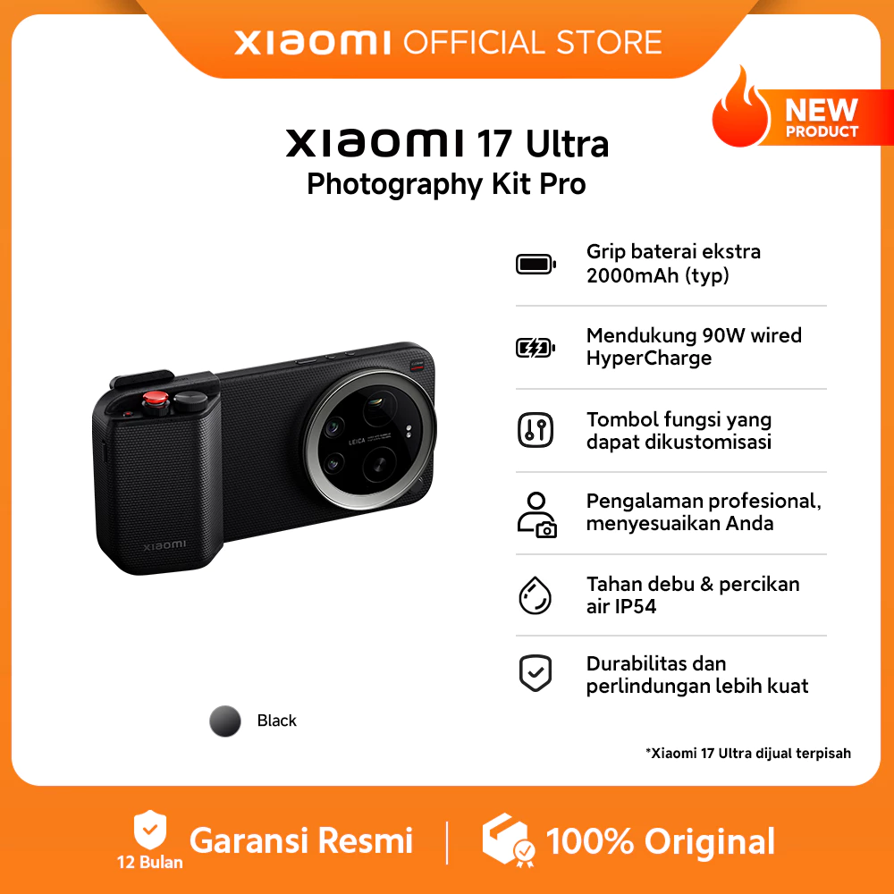 Xiaomi 17 Ultra Photography Kit Pro / Grip baterai ekstra 2000mAh (typ) / Mendukung 90W wired HyperCharge / Tombol fungsi yang dapat dikustomisasi / Tahan debu & percikan air IP54 Durabilitas dan perlindungan lebih kuat [Xiaomi Officia Store]