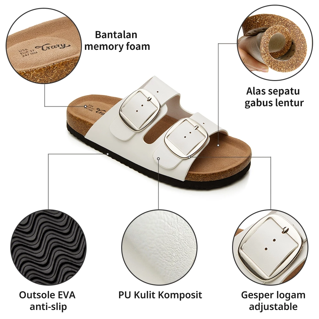 TRARY TWIN - Flat Sandal Dua Buckle Cork Unisex Birken Casual Style Cocok Rumah & Keluar - Gambar 4