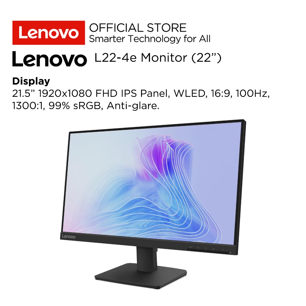 Lenovo Monitor L22-4e C6WW 21.5" FHD IPS 3-side NearEdgeless 100Hz 99% sRGB Antiglare Tilt Stand VESA Mount HDMI VGA Monitor 22inch 67D5KAC6WW Raven Black Garansi Resmi Lenovo Indonesia 3 Tahun - Gambar 2