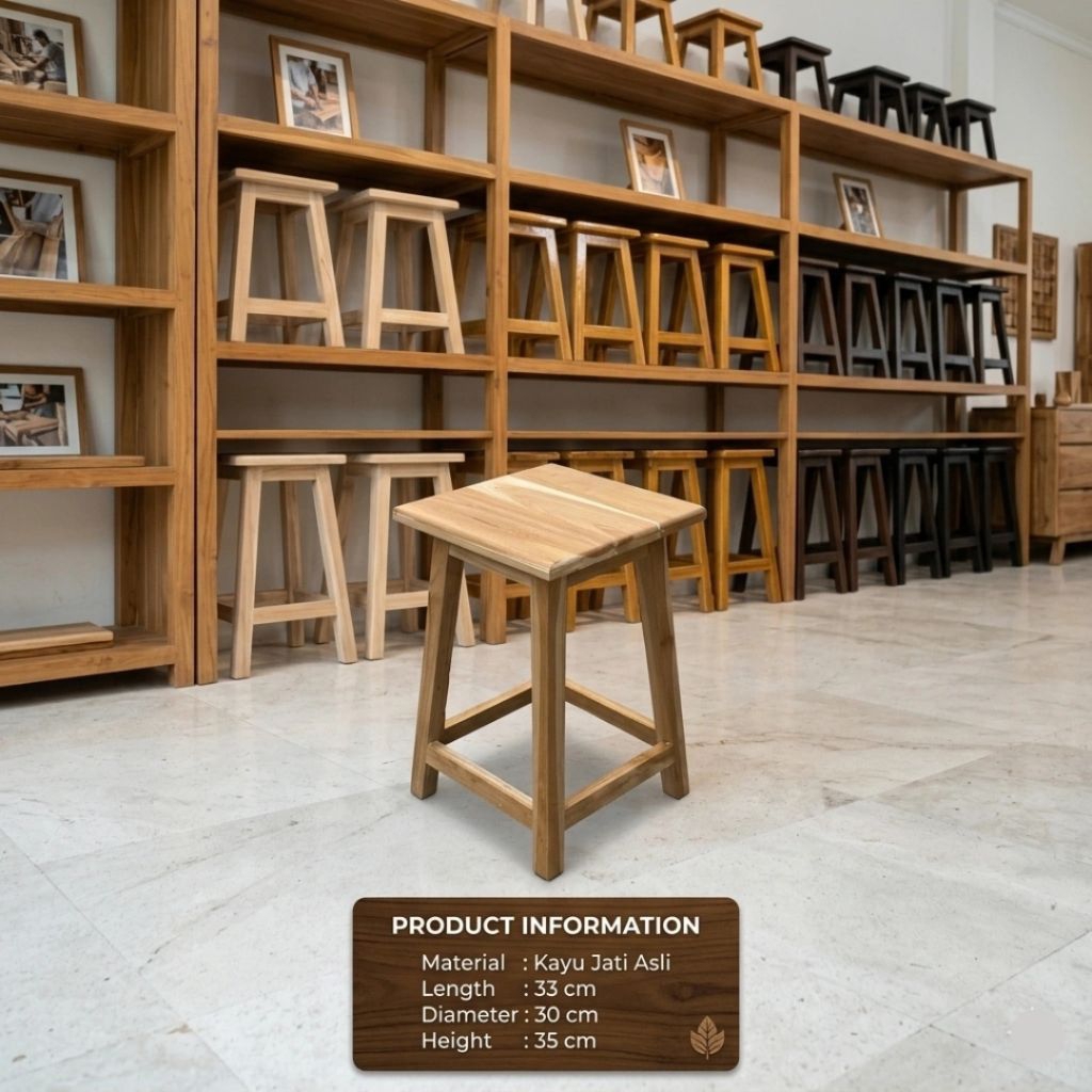 Kursi Kayu Solid Natural Minimalis Jati Perhutani Allgrade Model Kotak Tinggi 35 cm - senaly -