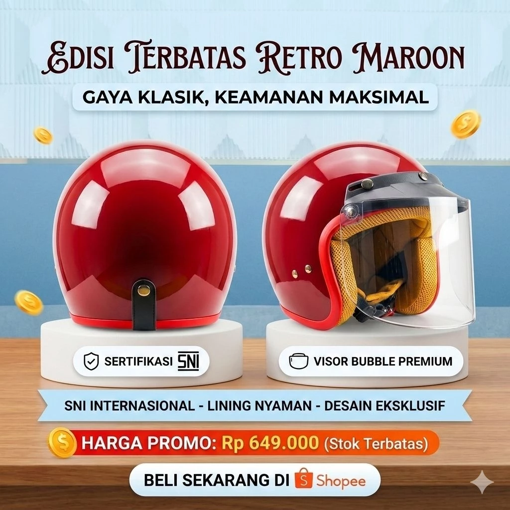 Helm Bogo Retro - Helem Half Face BIVI WARNA SOLID Original SNI Pria Wanita Dewas Desain Vintage Kenyamanan Maksimal