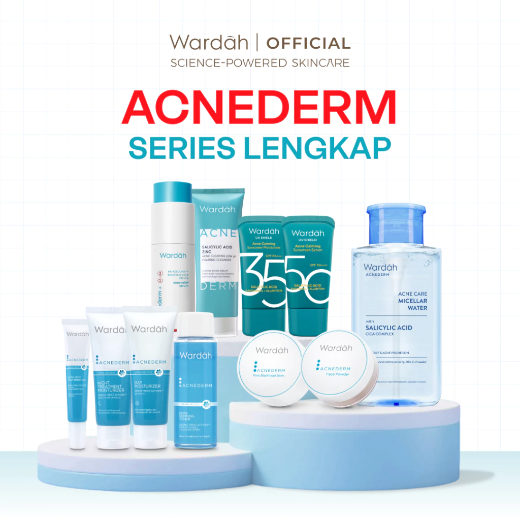 WARDAH Acnederm Series Lengkap - Acne Care, Melawan Jerawat, Cocok untuk Kulit Berjerawat, Komedo, Azeclair, Mengontrol Minyak Berlebih, Mengurangi Kemerahan - Cleanser, Toner, Serum, Day & Night Moisturizer, Micellar Water, Sunscreen - Skincare